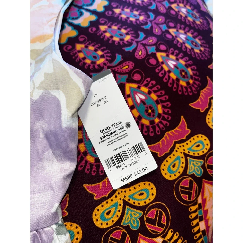 Carters Girls 5T Floral Watercolor Dress Sleeveless Bow Back‎ Purple Orange NEW